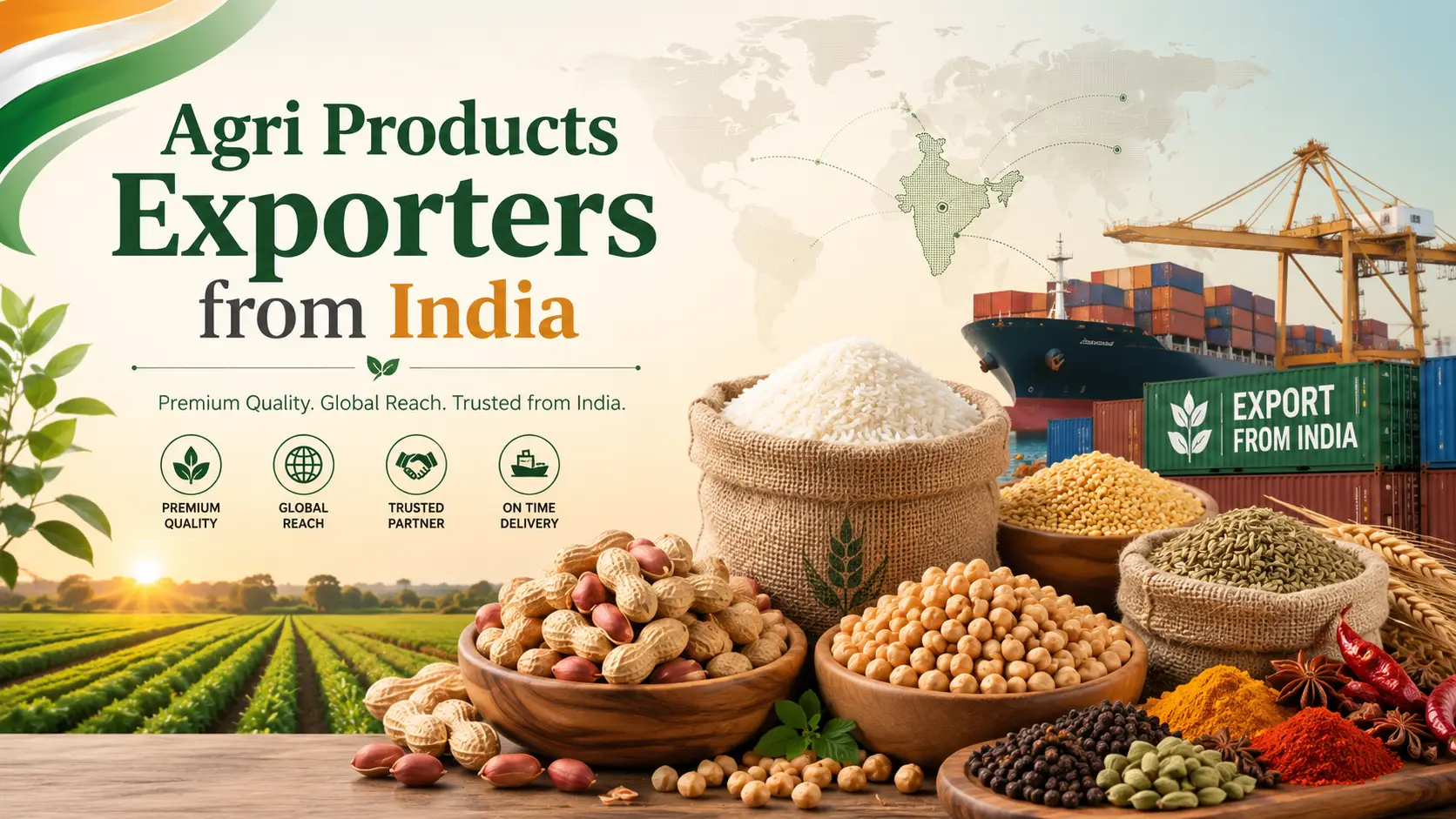 Agri products exporters from India supplying rice, groundnuts, chickpeas, spices and grains for global markets