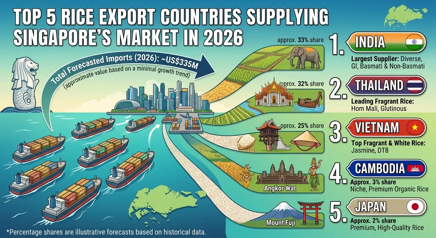 Top rice export countries supplying Singapore in 2026, featuring rice shipments from India, Thailand, Vietnam, Pakistan, and Myanmar to meet Singapore's growing rice import demand.